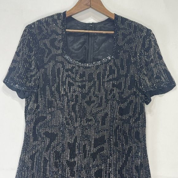 Vintage Dress Gown Midi Black Beaded Silk Evening Party Size M 90's 80's - Picture 3 of 16